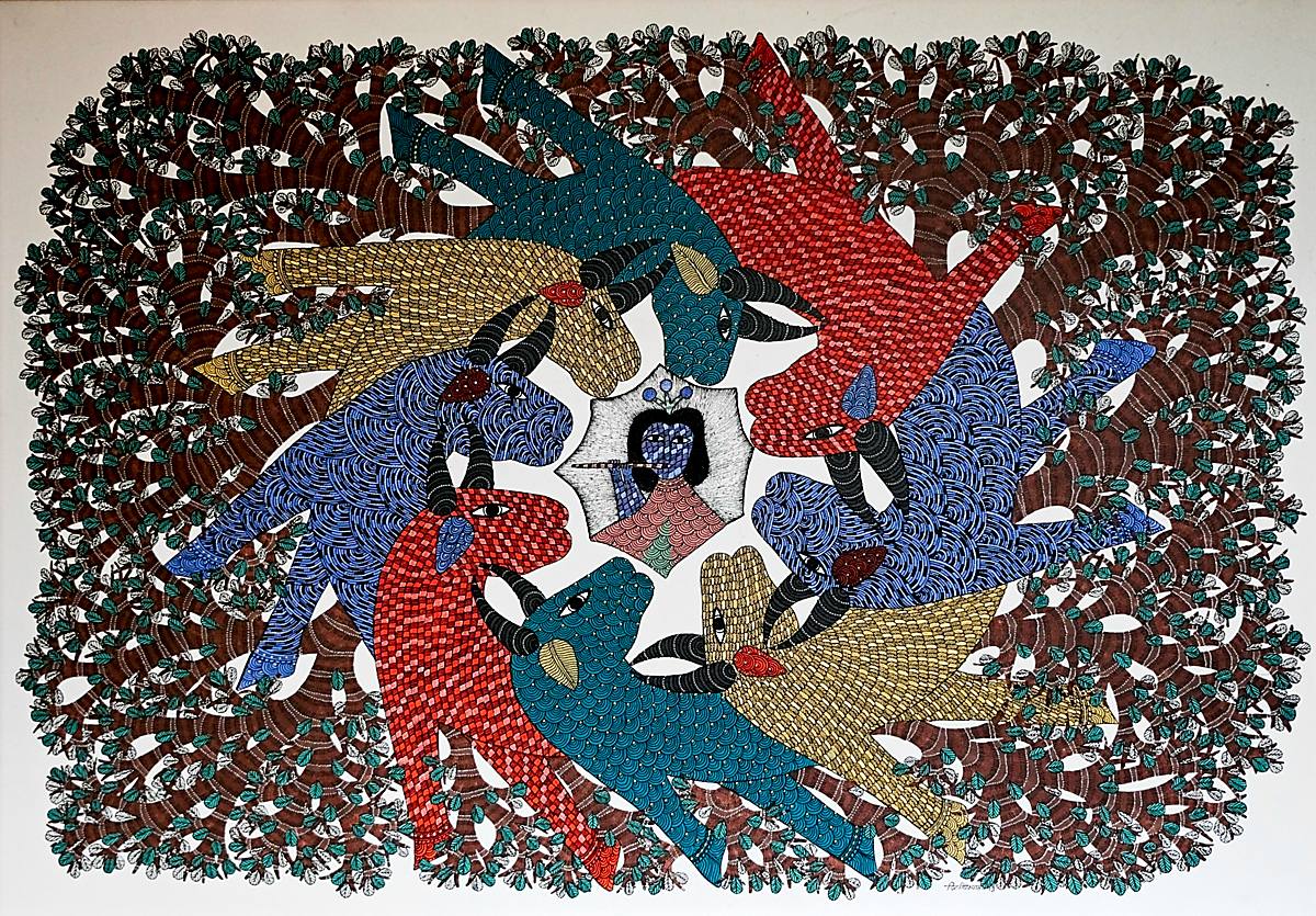 A painting of birds and animals in jewel colours on a dense patterned ground