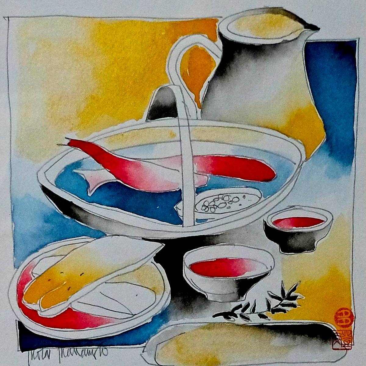 An abstract painting of bowls in yellow, blue and red
