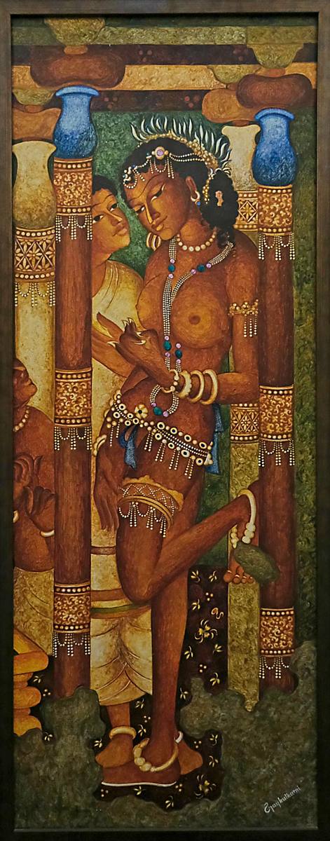 A tall painting of a woman standing between decorated pillars